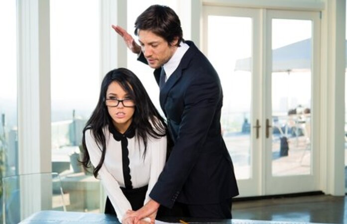 Boss punishes his nerdy secretary by spanking and fucks smooth pussy on the table