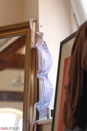 Playful brunette chick takes photos in front of the mirror while undressing