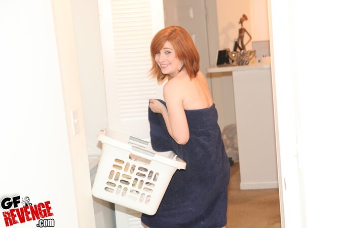 Kinky redhead teases BF by walking in a towel and gets her pussy drilled