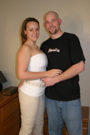 Curvaceous chick and her bald boyfriend have sex in front of the camera