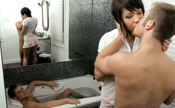 Two horny hunks share cute Asian slut and fuck her properly in the bathroom