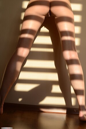 Drop-dead gorgeous teen brunette models all naked by the window blind