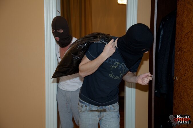 Slim blond lassie gets banged by two horny robbers and swallows sticky cum