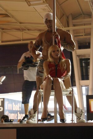 Lustful European chick enjoys sucking big dick of the male stripper on the stage