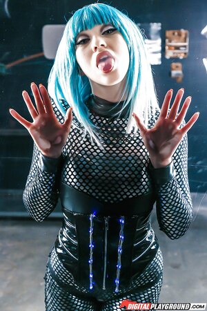 Flawless porn actress cosplays wearing blue wig and bizarre fishnet outfit