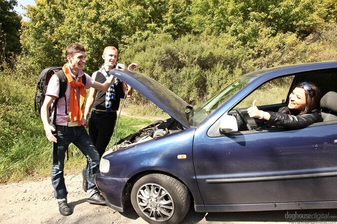 Skinny brunette chick gets off on tempting horny boys when her car is broken