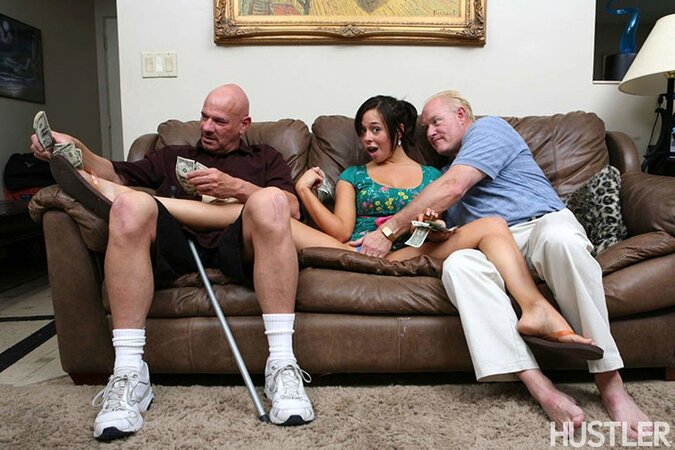Two dirty-minded old-men pay young slut for having hardcore threesome