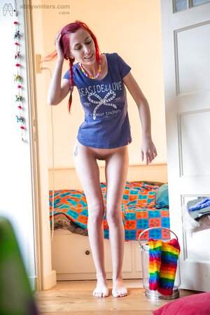 Redheaded girl who is REAL thin shows off her pussy as well