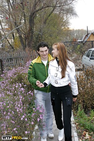 Redheaded babe sucking dick outdoors with no shame at all