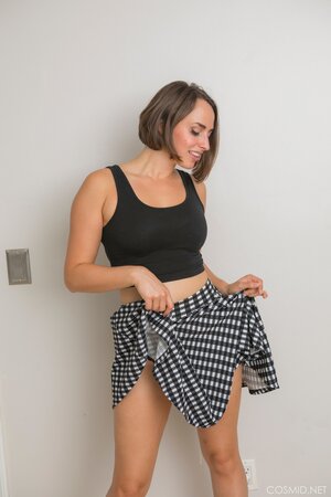 Short hair babe teasing with nude upskirt to get you off