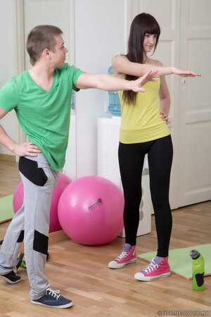 Girl with bangs is about to get banged by a fitness instructor