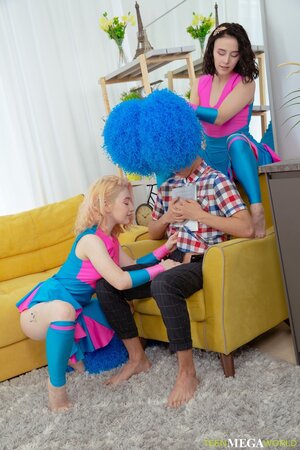 Saucy girls in cheerleader outfits fucking the same hunk in FFM