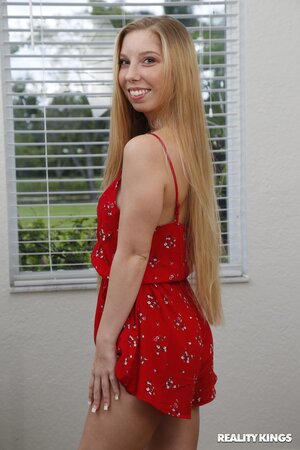 Blonde girl with natural boobs is cheating on her man in the closet