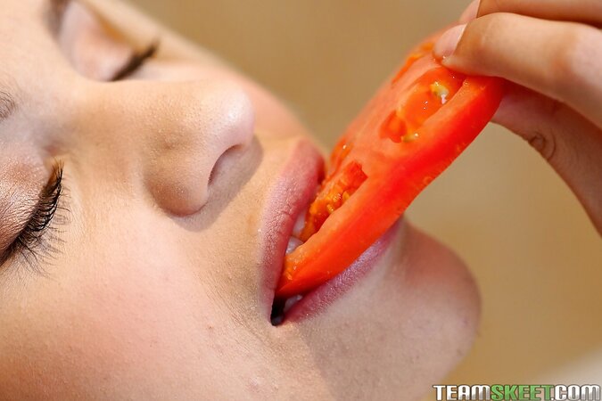 Sweet Latina Mae Olsen enjoys sweets and caressing her tiny pussy