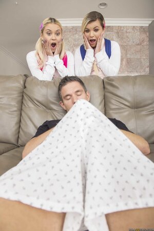 Cock drills mouths and pussies of two horny blonde students making pass at man