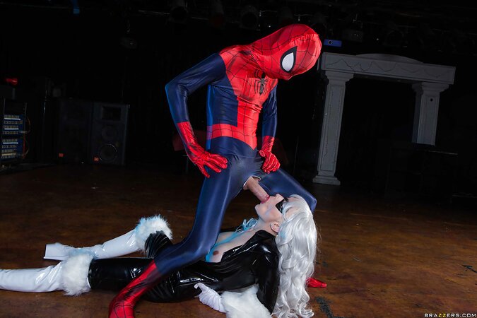 Spider-man fucks platinum blonde villain in latex showing why he is a superhero
