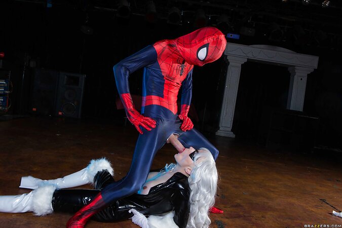 Young woman with blonde hair called spider-man home to give him a blowjob