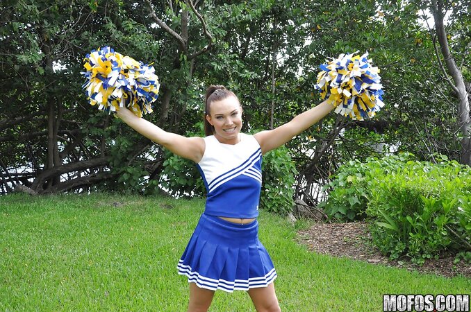 Teen cheerleader with nice cherry gets tired of dancing and goes masturbating