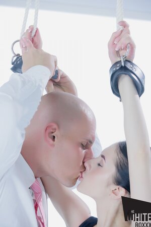 Brunette with a sexy ponytail discovers her sub's fine taste