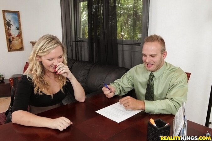 Blondie with tan lines enjoys some serious fucking on a couch