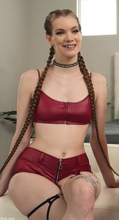 Brunette with a tight bum shows her messy landing strip in lezdom