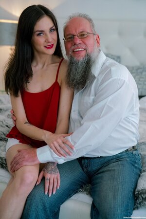 Graceful brunette with a tight body fucks an old creep big time