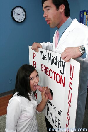 Brunette student gags on teacher's manhood through improvised gloryhole