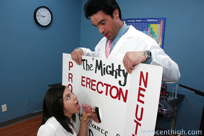 Brunette student gags on teacher's manhood through improvised gloryhole