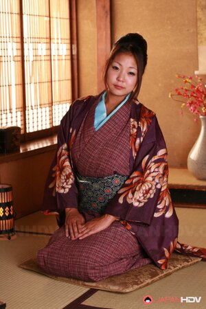 Pretty Japanese geisha demonstrates tits and trimmed cunny hidden under kimono