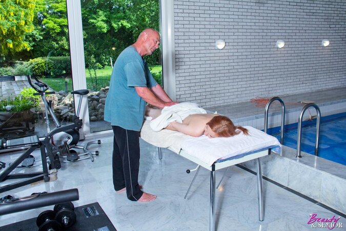 Old trainer gives a special type of training to a redhead