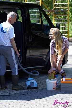Young teen cleans senior's car then cleans his girthy schlong