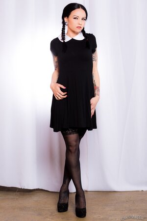 Necro Nikki strips and spreads as Wednesday Addams