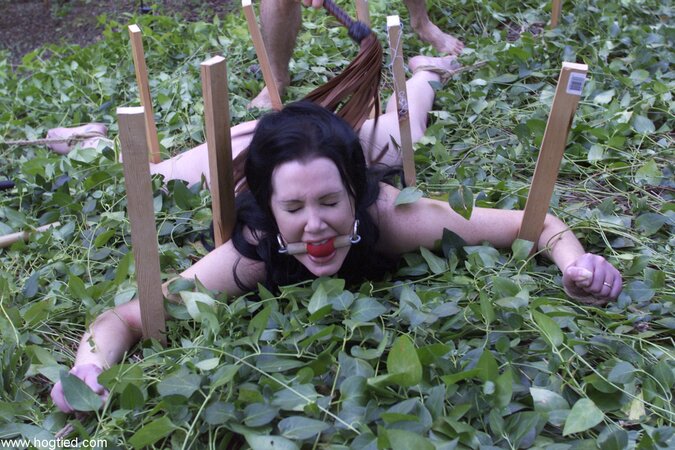 Paige Richards gets tied up and spread naked in the backyard