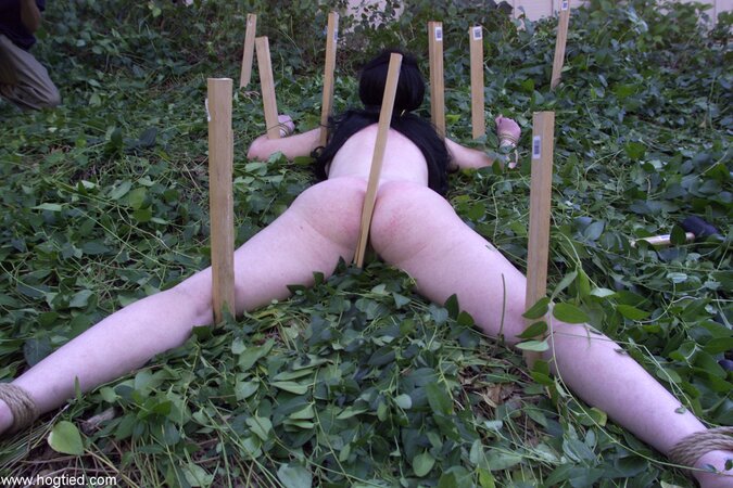 Paige Richards gets tied up and spread naked in the backyard