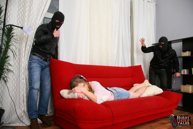 Sleeping girl gets ass fucked by two home invaders wearing ski masks
