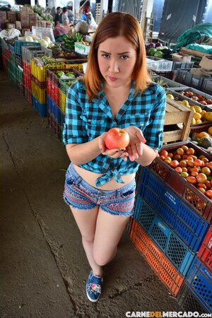 Redhead Catalina Colorado shops fruit in tight plaid shirt