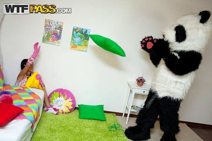 Alisha Lera in pigtails gets banged by panda toy