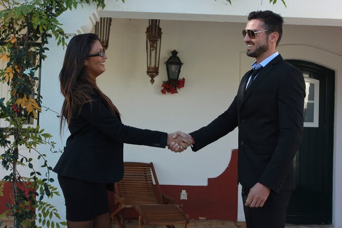 Business woman Rebecca Pinar meets her client and strips down in the next room