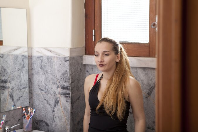 Daphne Klyde takes dick in a public European restroom