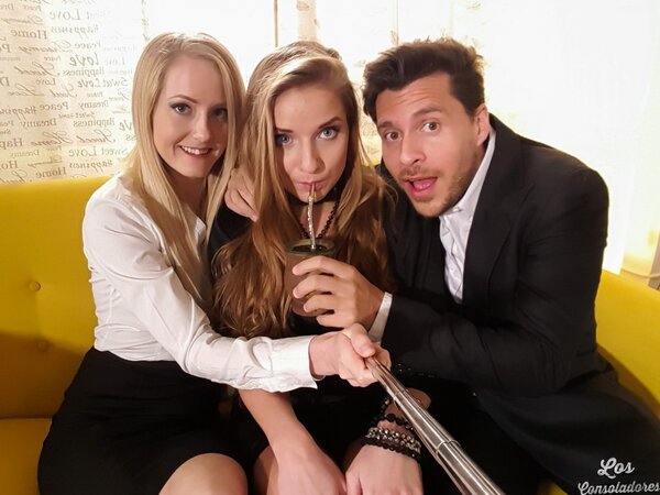 Spanish couple films a hot threesome with a Russian girl using a selfie stick