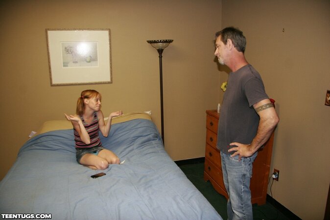 Smirking teen slut jerking off a much older dude here