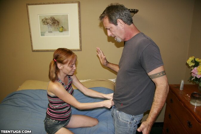 Smirking teen slut jerking off a much older dude here
