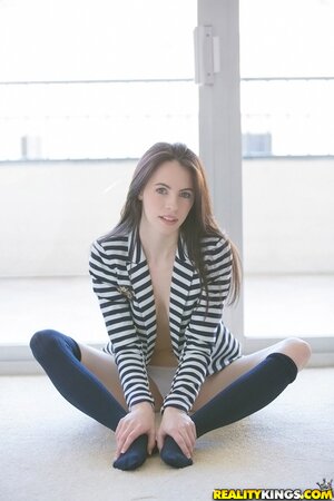 Pure blue-eyed tenderness gives a show of her fragile teen body at home