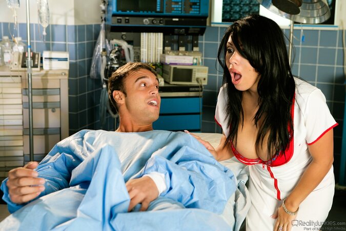 Hospital photoshoot of nurse having sexual action with patient at appointment