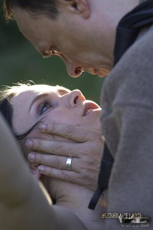 Creepy man dominates over submissive brunette outdoors in various ways