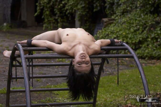 Creepy man dominates over submissive brunette outdoors in various ways