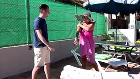 Busty grandma Molly Maracas fucks a guy near the pool