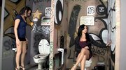 Dark haired ladies are sucking a cock through a glory hole