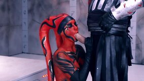 A sexy Sith girl is sucking a large dick on her knees