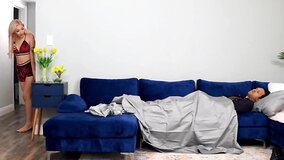 Blonde gets under the covers and gives a fantastic blowjob